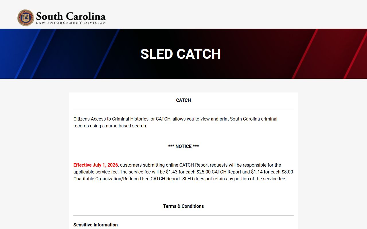 SLED CATCH South Carolina criminal history search portal